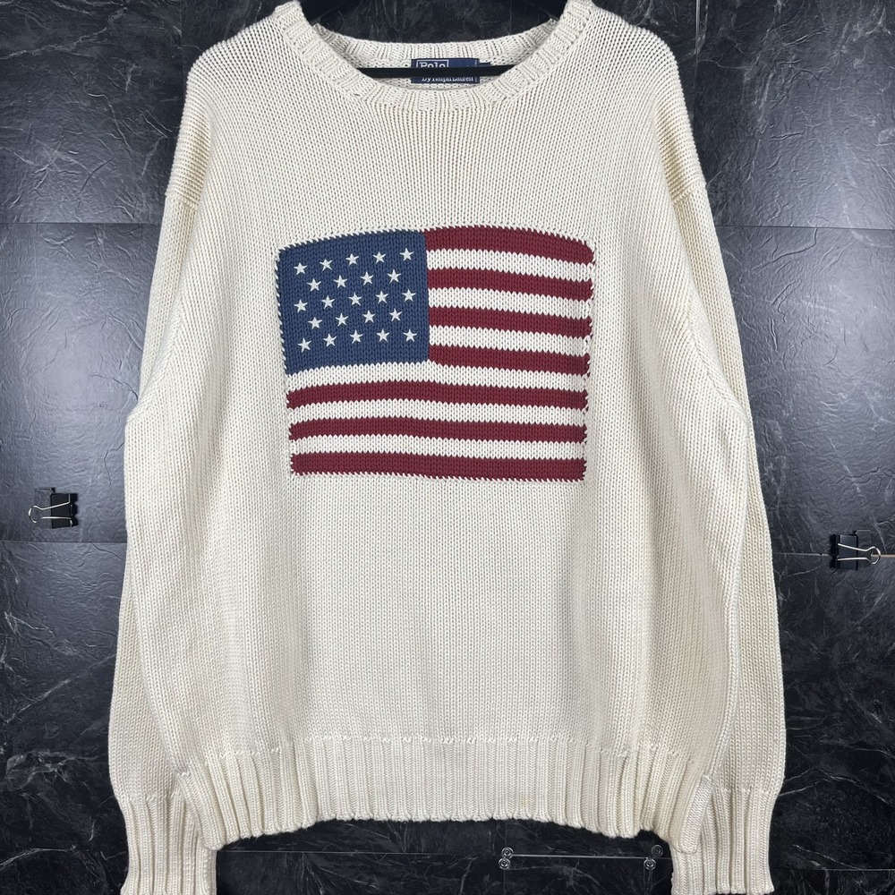 Polo Ralph Lauren Men's White Vtg USA Flag Knit Sweater XL